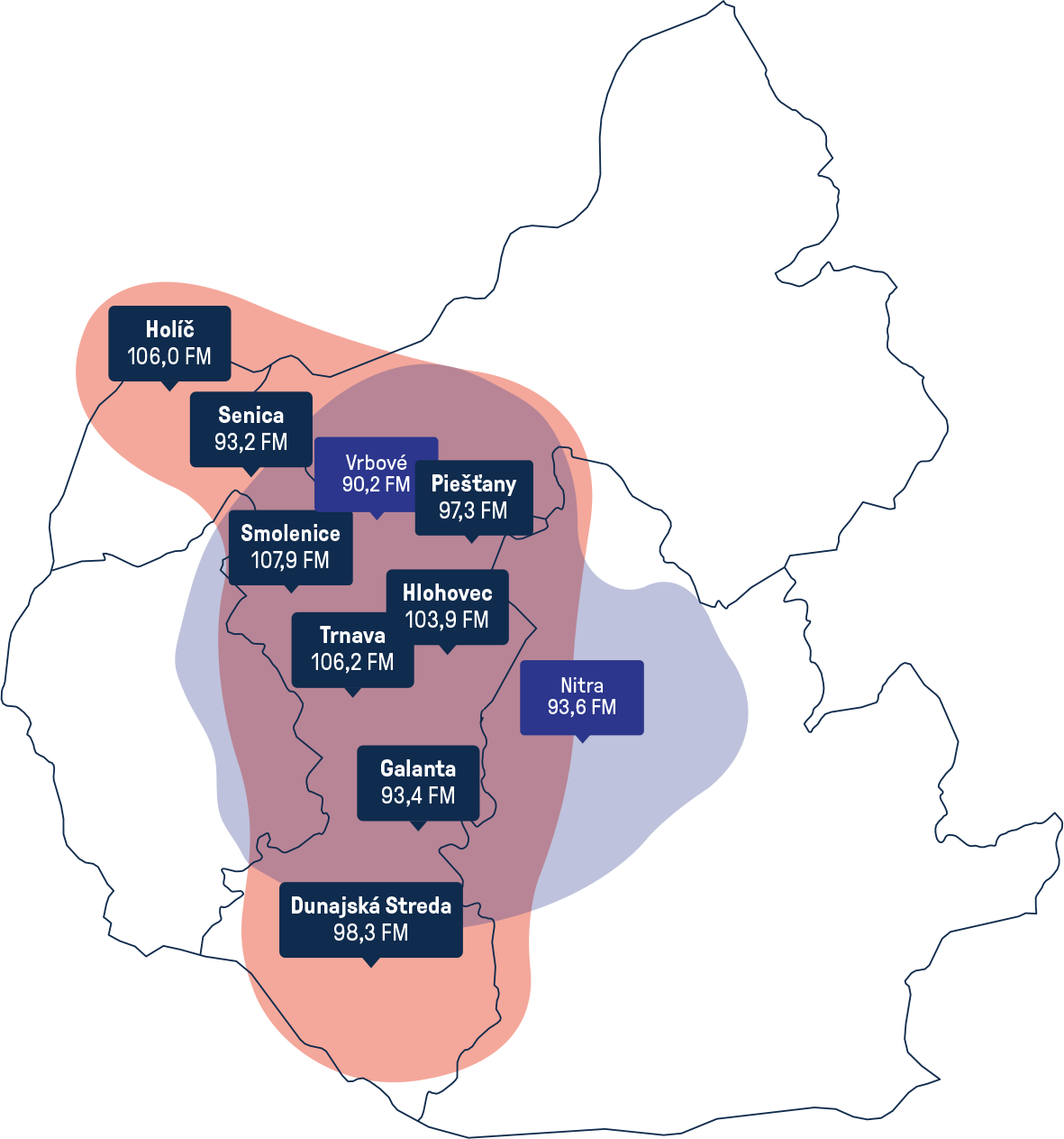 Mapa pokrytia Trnavského rádia a Tichého rádia